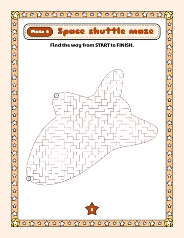 Space shuttle maze printable: a gentle space maze inside a space shuttle shape