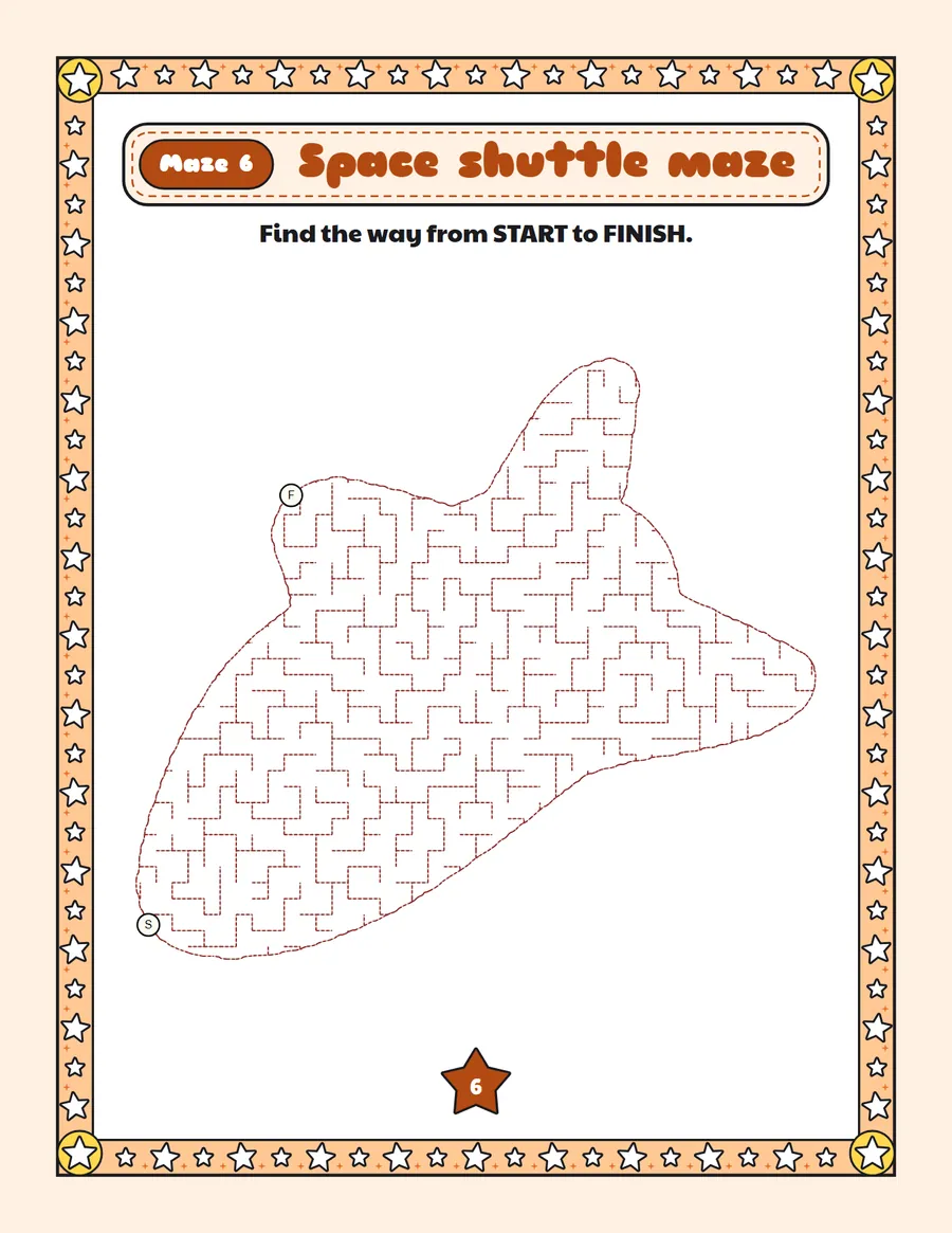 Space shuttle maze printable: a gentle space maze inside a space shuttle shape