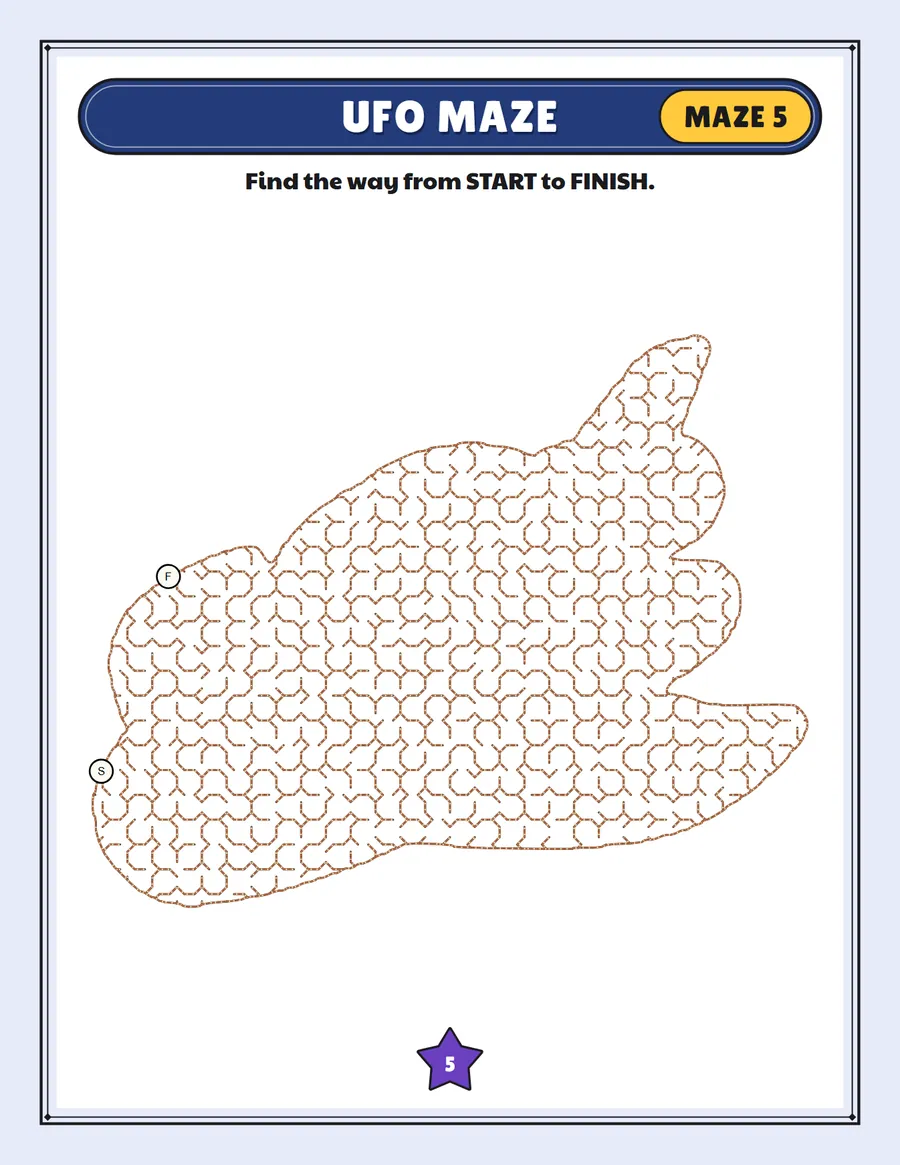UFO maze printable: a medium space maze inside a ufo shape