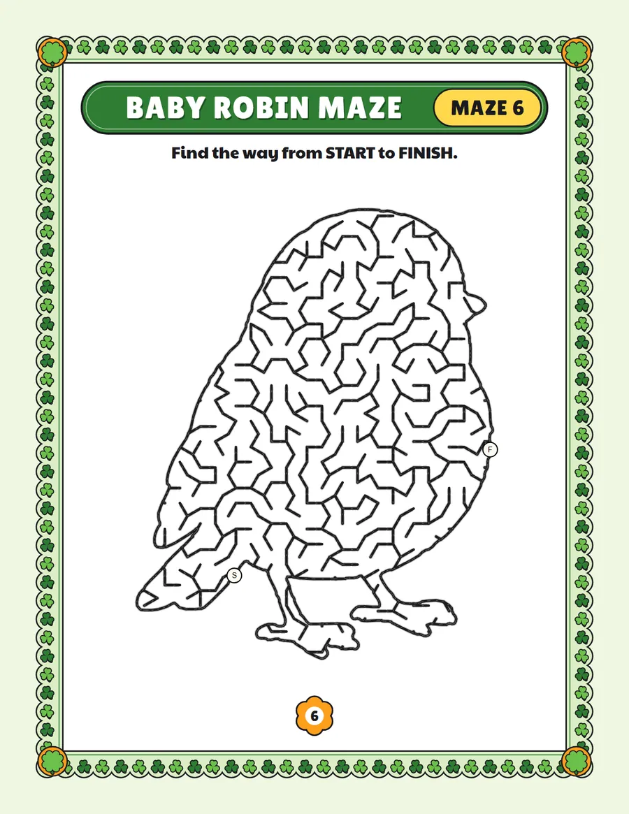 Baby robin maze printable: a medium spring maze inside a baby robin shape