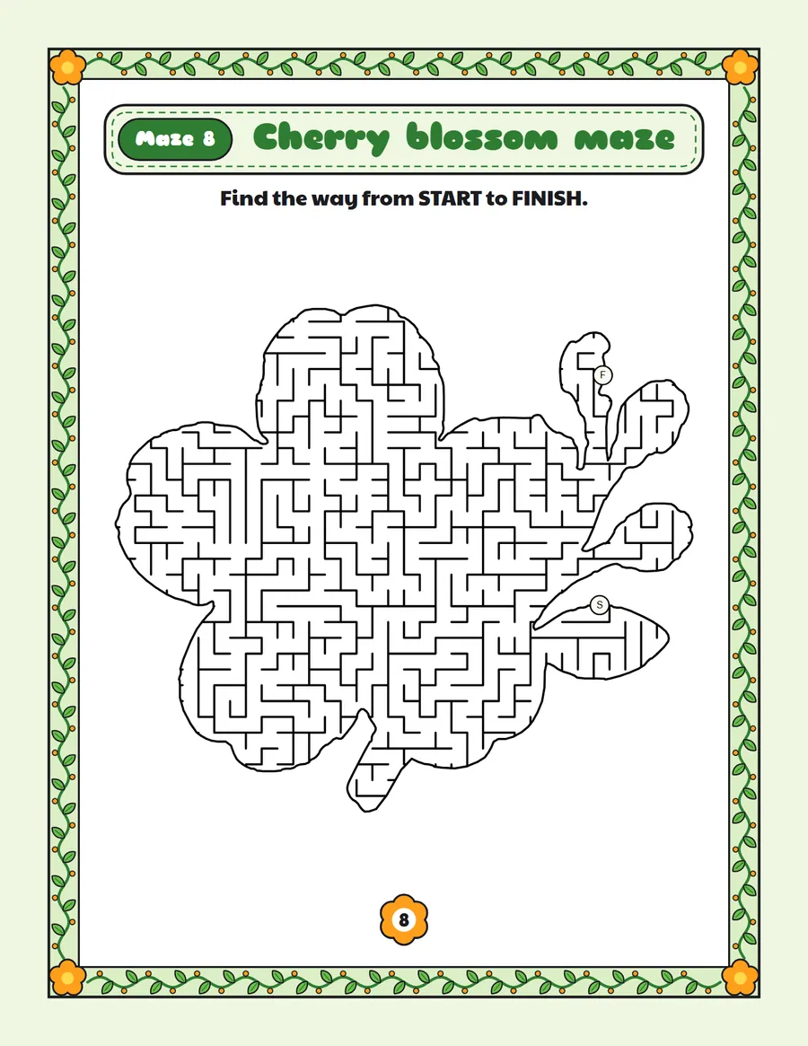 Cherry blossom maze printable: a hard spring maze inside a cherry blossom shape