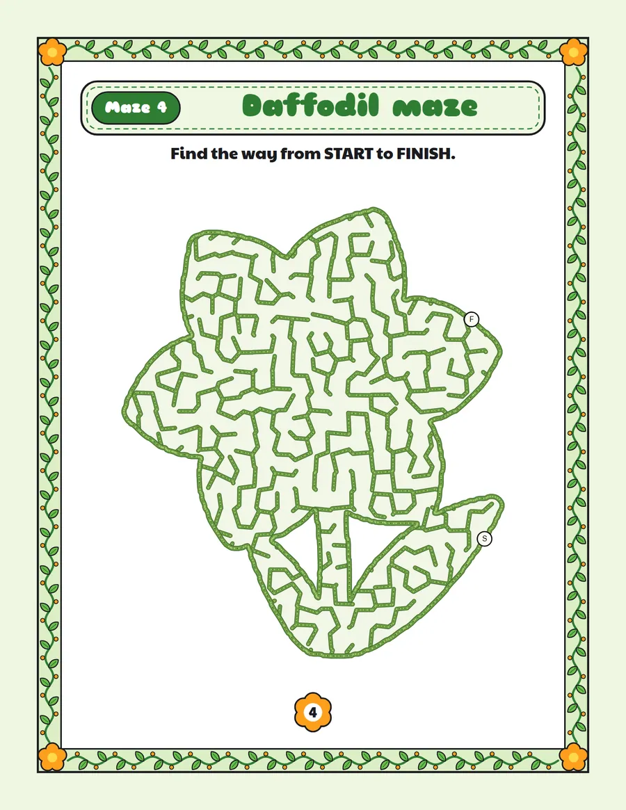 Daffodil maze printable: a gentle spring maze inside a daffodil shape