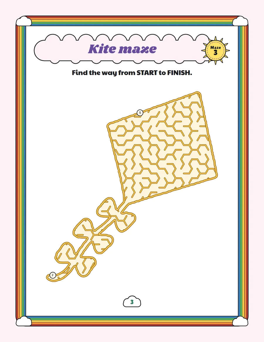 Kite maze printable: a gentle spring maze inside a kite shape