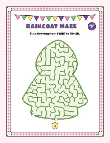 Raincoat maze printable: an easy spring maze inside a raincoat shape