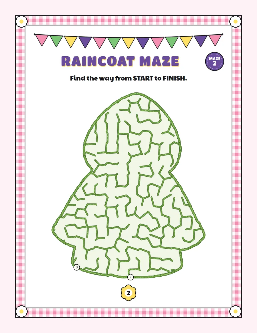 Raincoat maze printable: an easy spring maze inside a raincoat shape