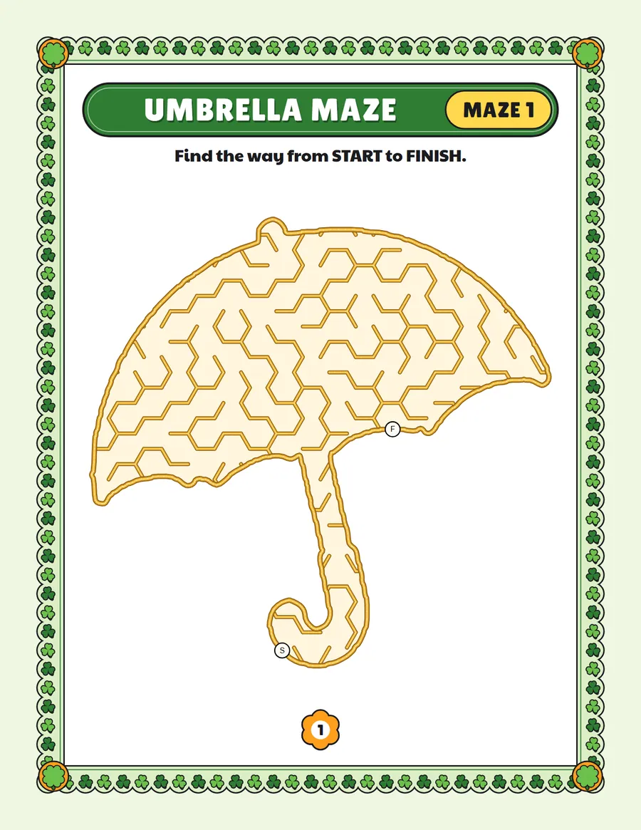 Umbrella maze printable: an easy spring maze inside an umbrella shape