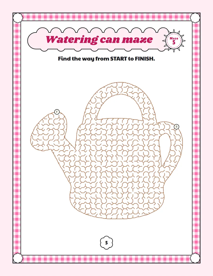 Watering can maze printable: a medium spring maze inside a watering can shape