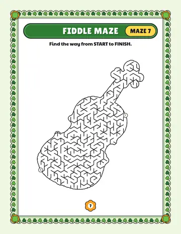 Fiddle maze printable: a hard St. Patrick's Day maze inside a fiddle shape