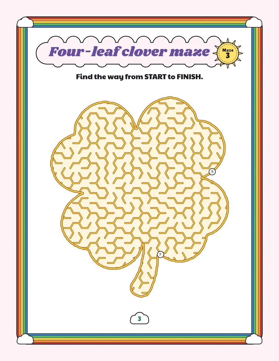 Four-leaf clover maze printable: a gentle St. Patrick's Day maze inside a four-leaf clover shape