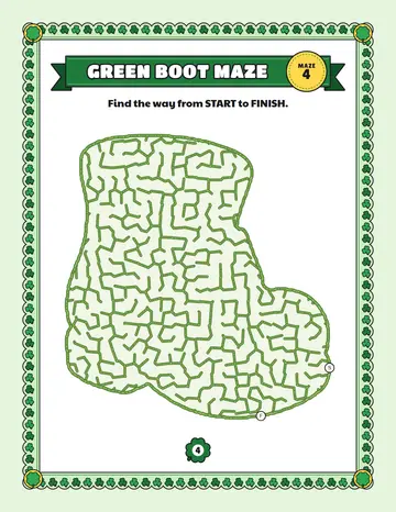 Green boot maze printable: a gentle St. Patrick's Day maze inside a green boot shape
