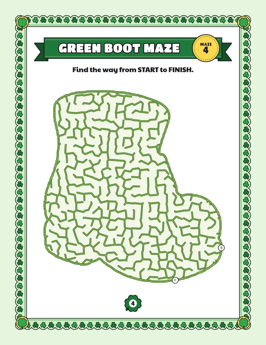 Green boot maze printable: a gentle St. Patrick's Day maze inside a green boot shape
