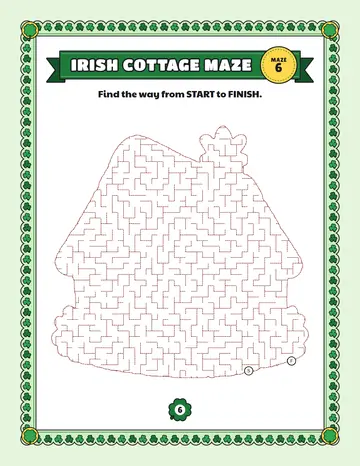 Irish cottage maze printable: a medium St. Patrick's Day maze inside an irish cottage shape