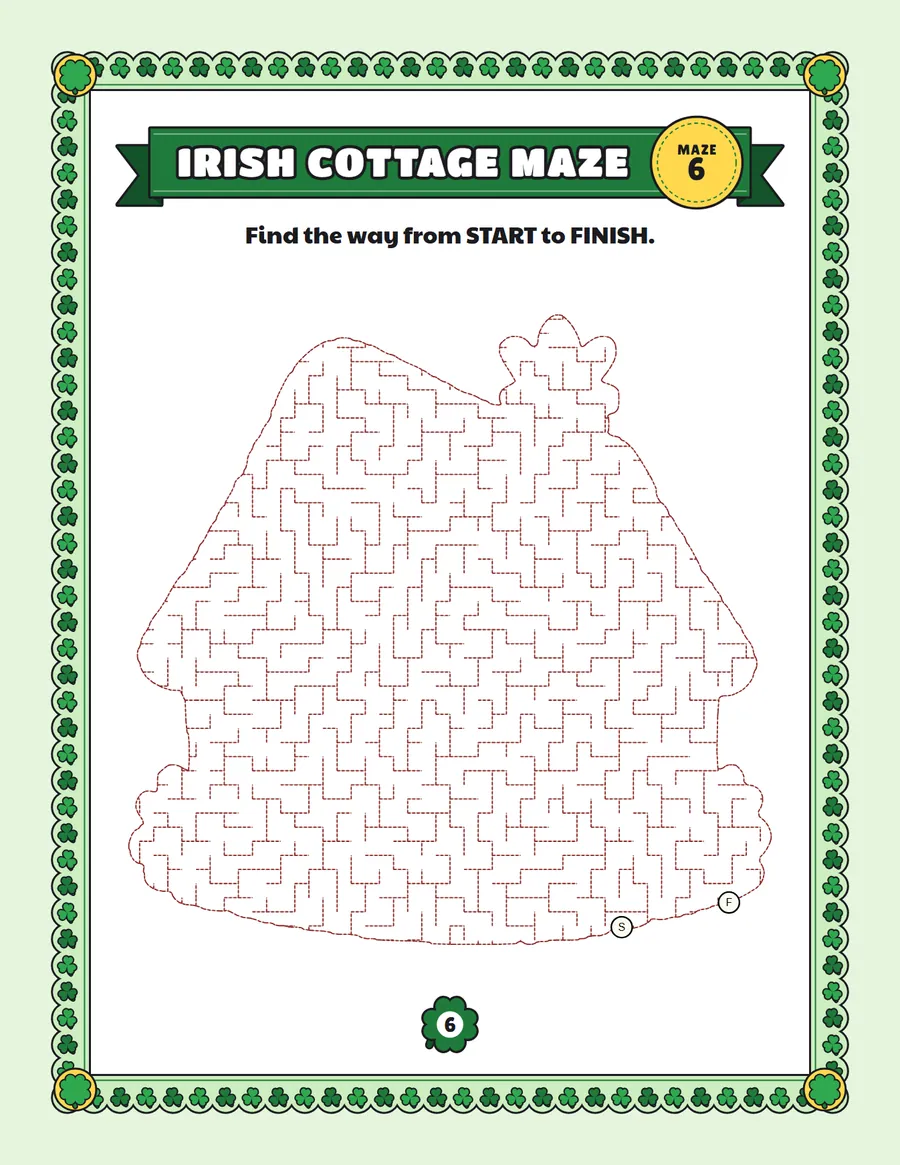 Irish cottage maze printable: a medium St. Patrick's Day maze inside an irish cottage shape