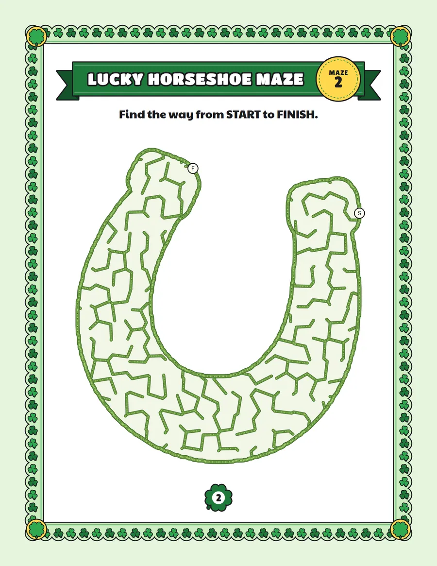 Lucky horseshoe maze printable: an easy St. Patrick's Day maze inside a lucky horseshoe shape