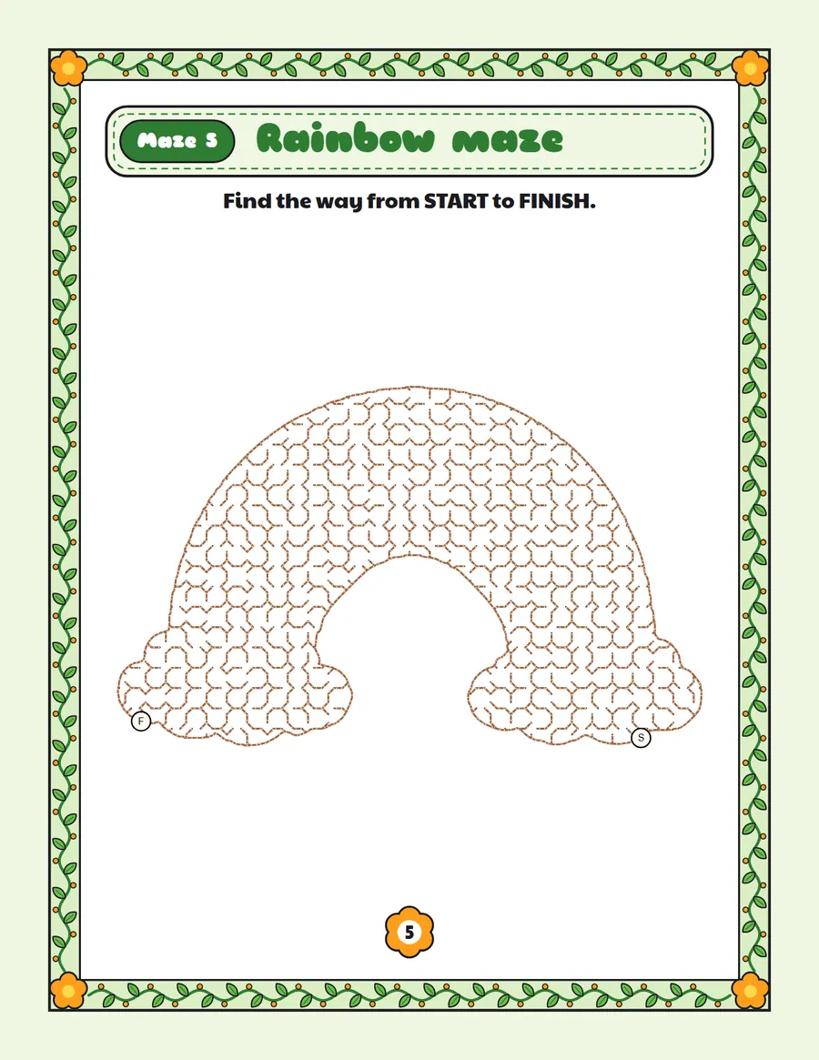 Rainbow maze printable: a medium St. Patrick's Day maze inside a rainbow shape