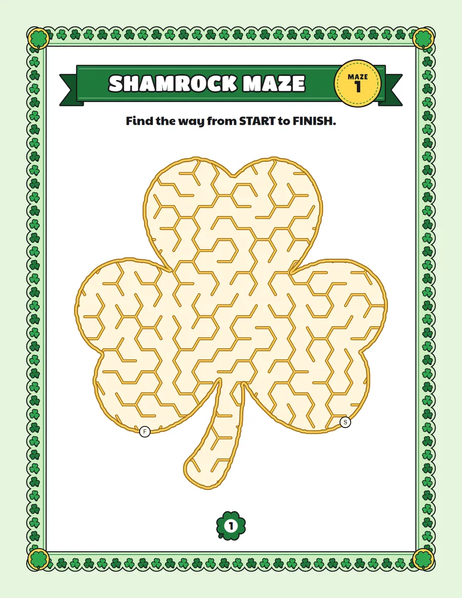 Shamrock maze printable: an easy St. Patrick's Day maze inside a shamrock shape