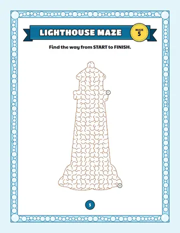 Lighthouse maze printable: a medium summer maze inside a lighthouse shape