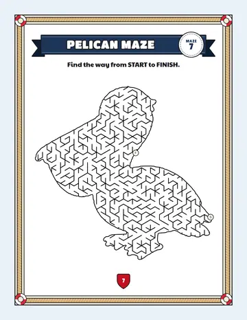 Pelican maze printable: a hard summer maze inside a pelican shape