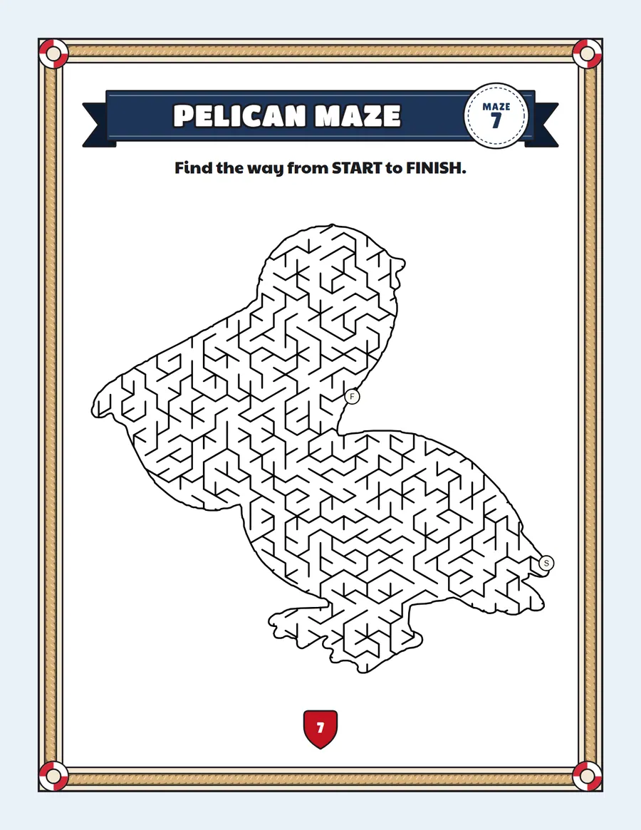 Pelican maze printable: a hard summer maze inside a pelican shape