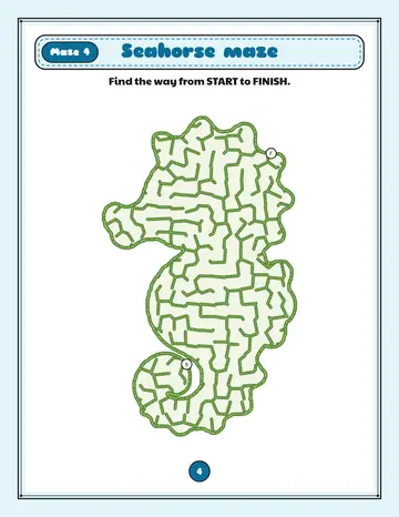 Seahorse maze printable: a gentle summer maze inside a seahorse shape