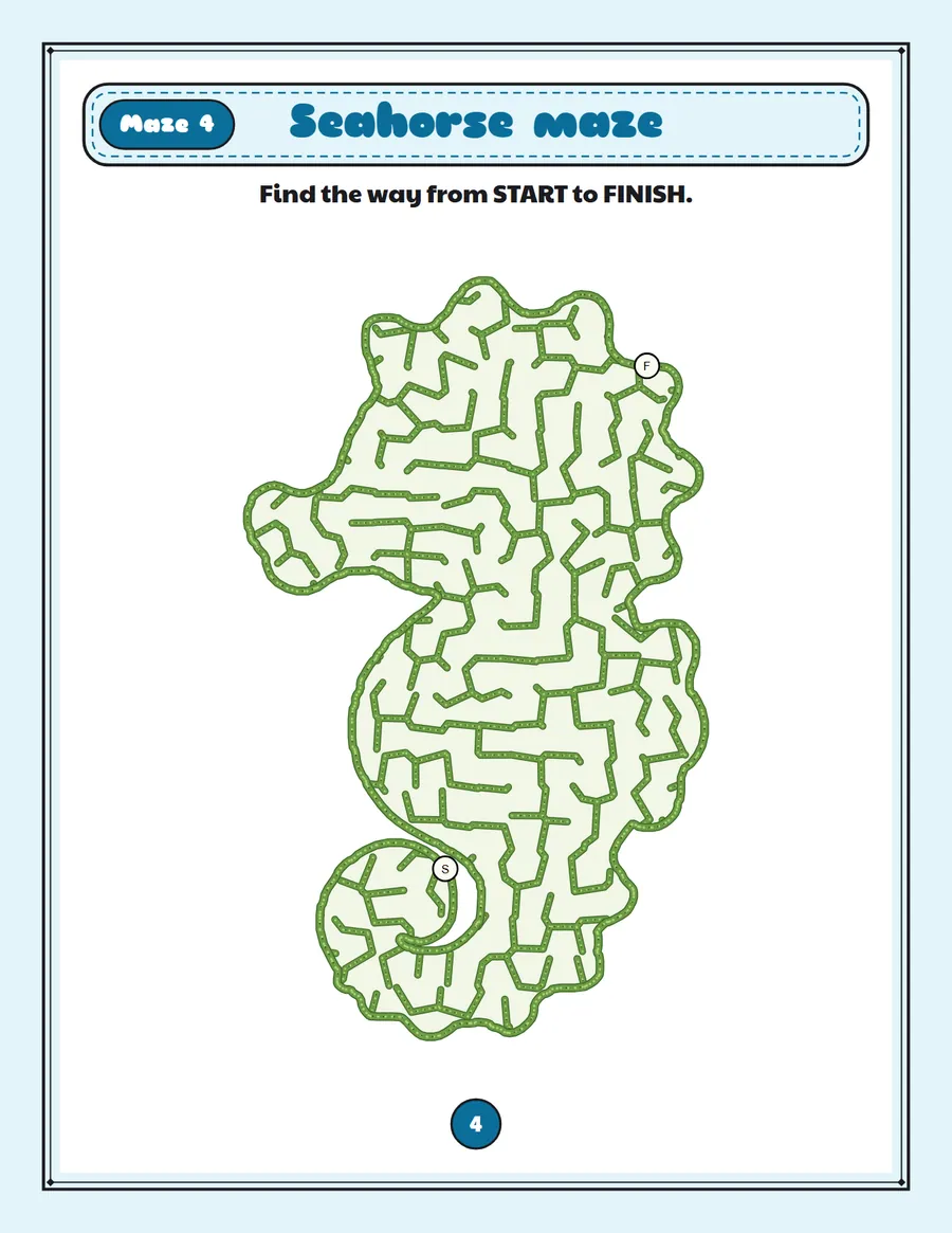 Seahorse maze printable: a gentle summer maze inside a seahorse shape