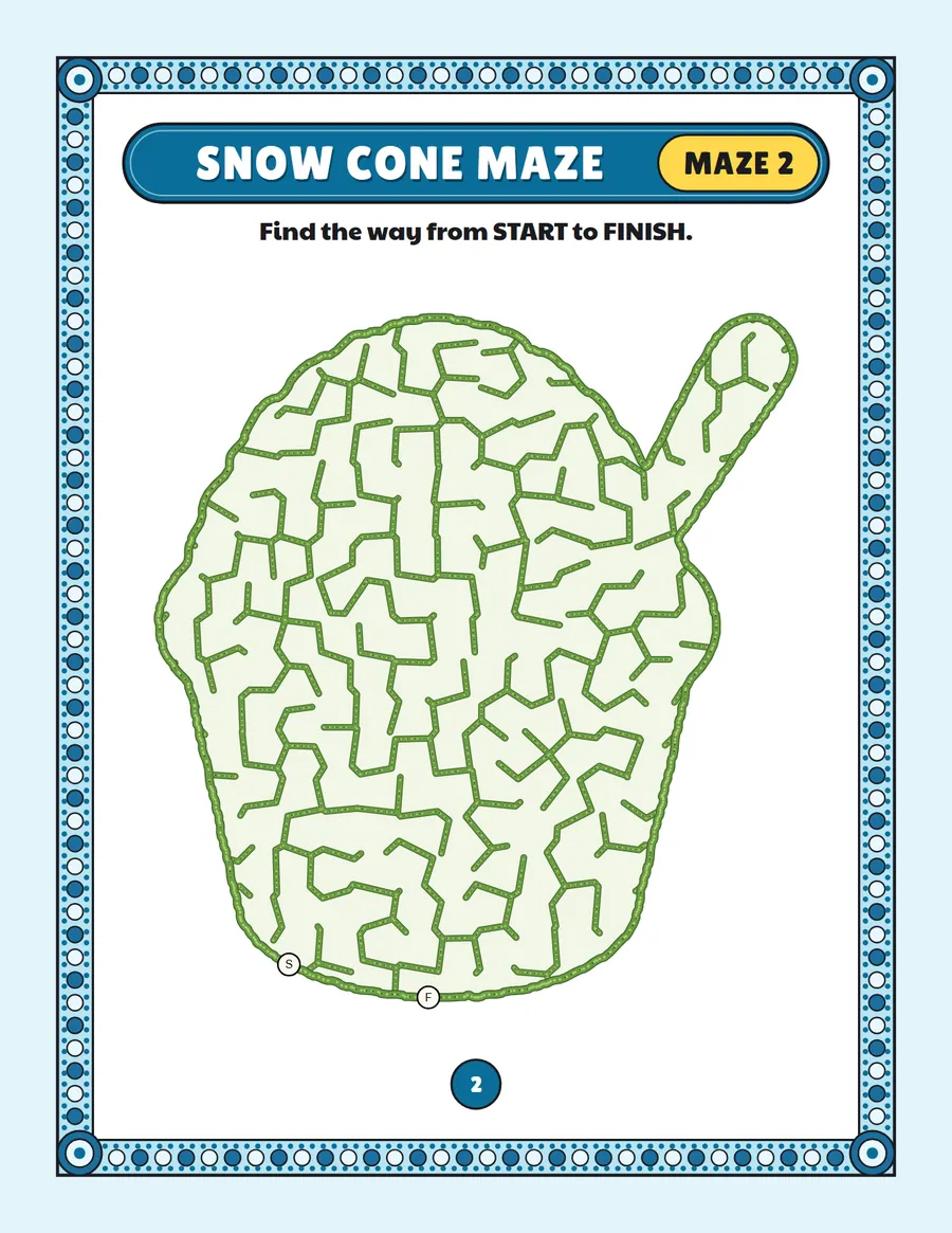 Snow cone maze printable: an easy summer maze inside a snow cone shape