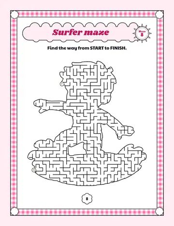 Surfer maze printable: a hard summer maze inside a surfer shape