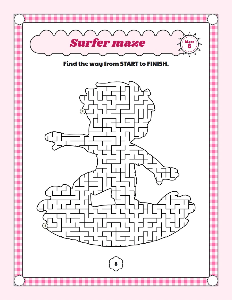 Surfer maze printable: a hard summer maze inside a surfer shape