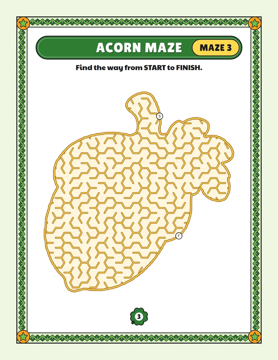 Acorn maze printable: a gentle Thanksgiving maze inside a acorn shape