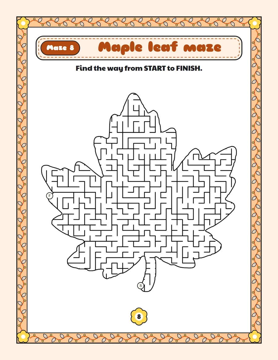 Maple leaf maze printable: a hard Thanksgiving maze inside a maple leaf shape