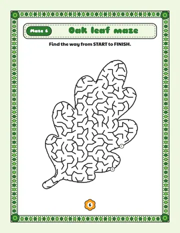 Oak leaf maze printable: a medium Thanksgiving maze inside a oak leaf shape