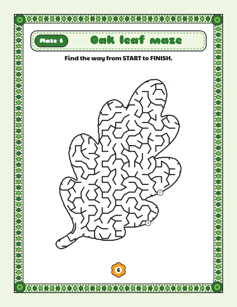 Oak leaf maze printable: a medium Thanksgiving maze inside a oak leaf shape