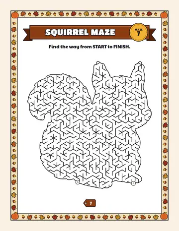 Squirrel maze printable: a hard Thanksgiving maze inside a squirrel shape