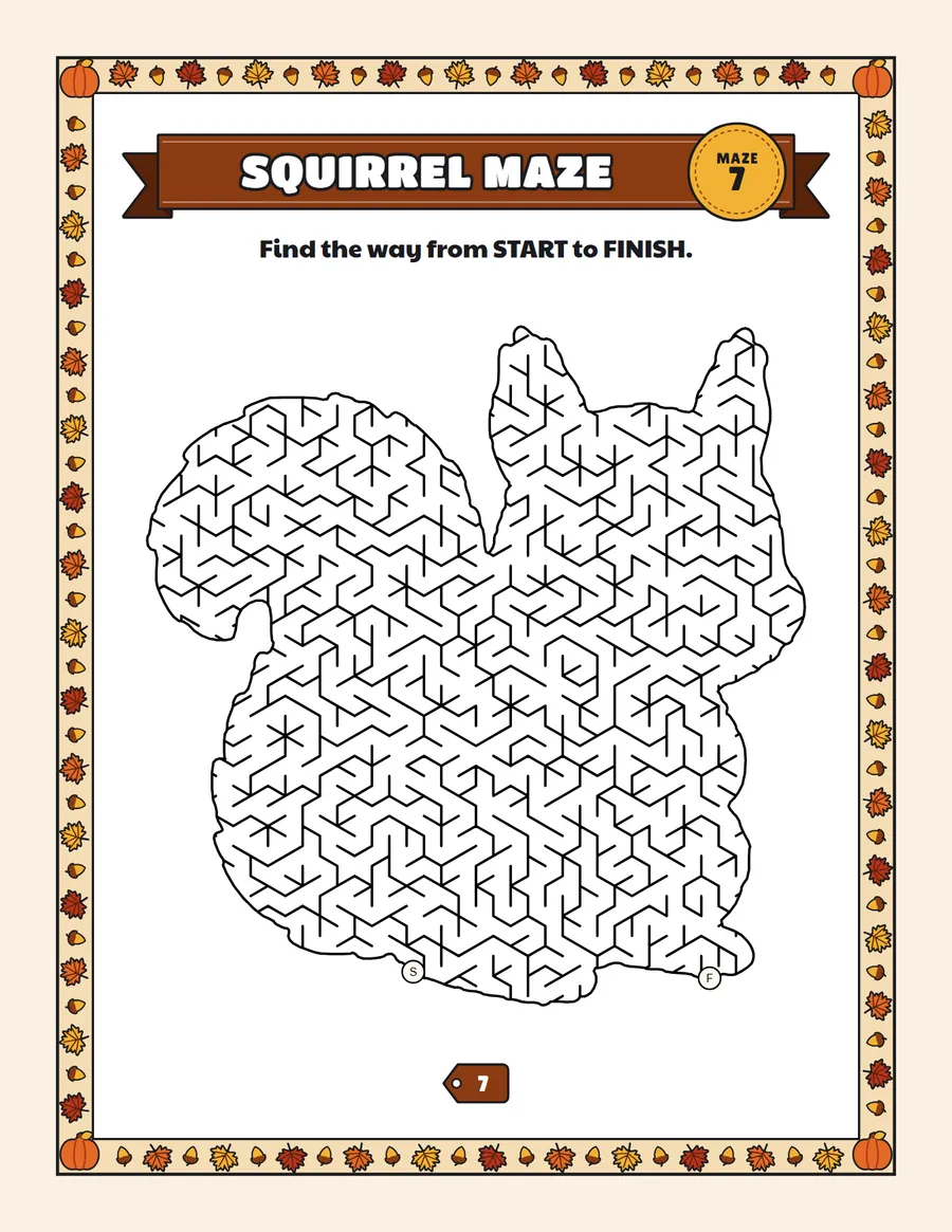 Squirrel maze printable: a hard Thanksgiving maze inside a squirrel shape