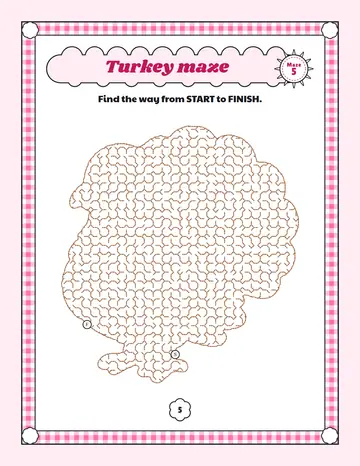Turkey maze printable: a medium Thanksgiving maze inside a turkey shape