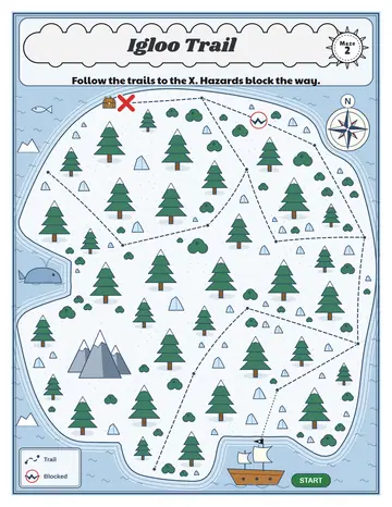 Igloo Trail treasure map printable: an easy treasure map maze for ages 4 to 6