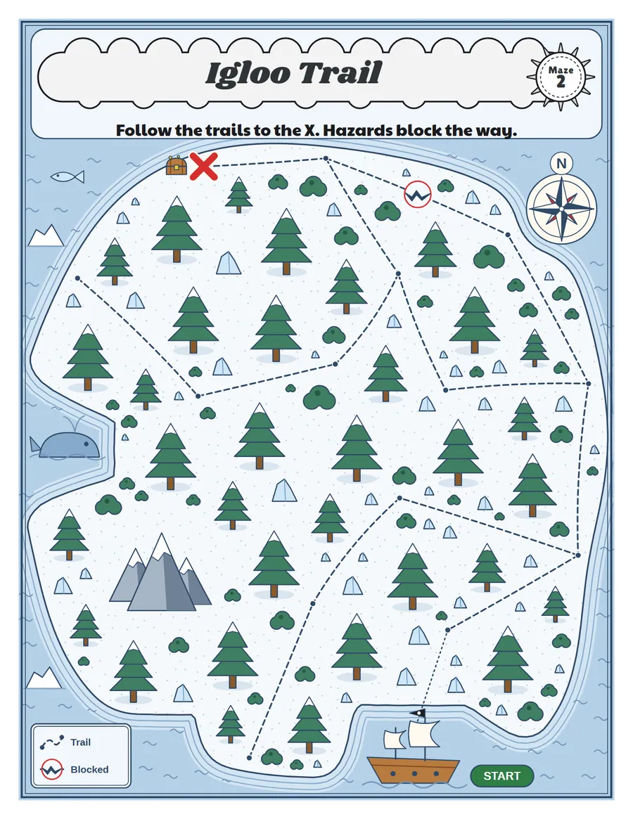 Igloo Trail treasure map printable: an easy treasure map maze for ages 4 to 6