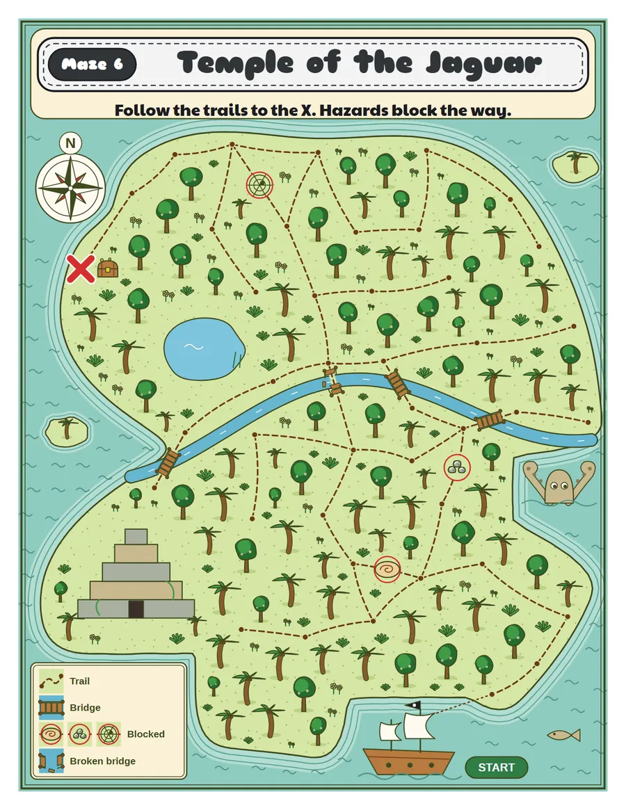 Temple of the Jaguar treasure map printable: a medium treasure map maze for ages 6 to 8