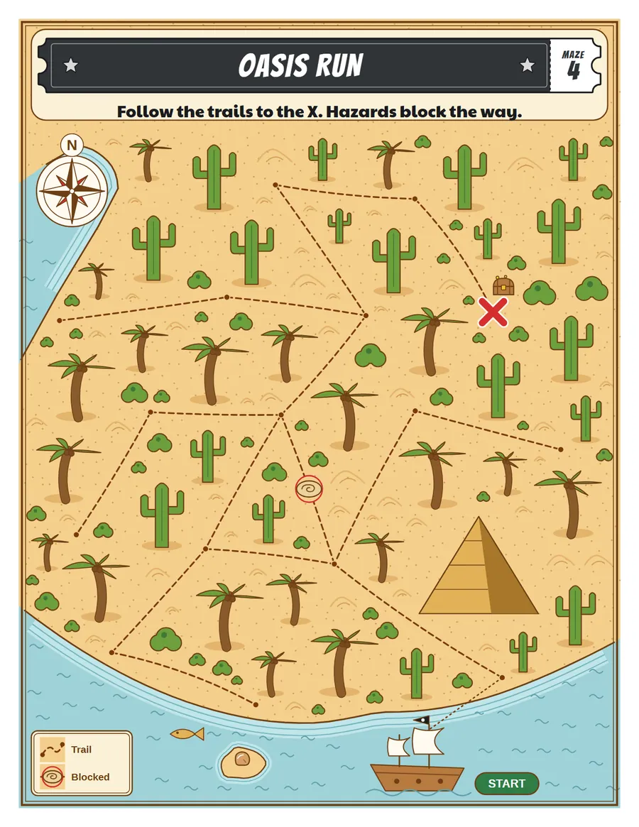 Oasis Run treasure map printable: a gentle treasure map maze for ages 5 to 7