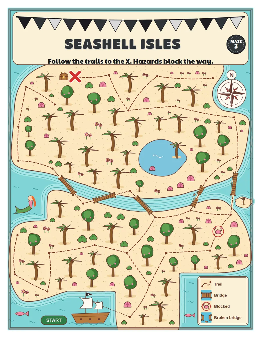 Seashell Isles treasure map printable: a gentle treasure map maze for ages 5 to 7