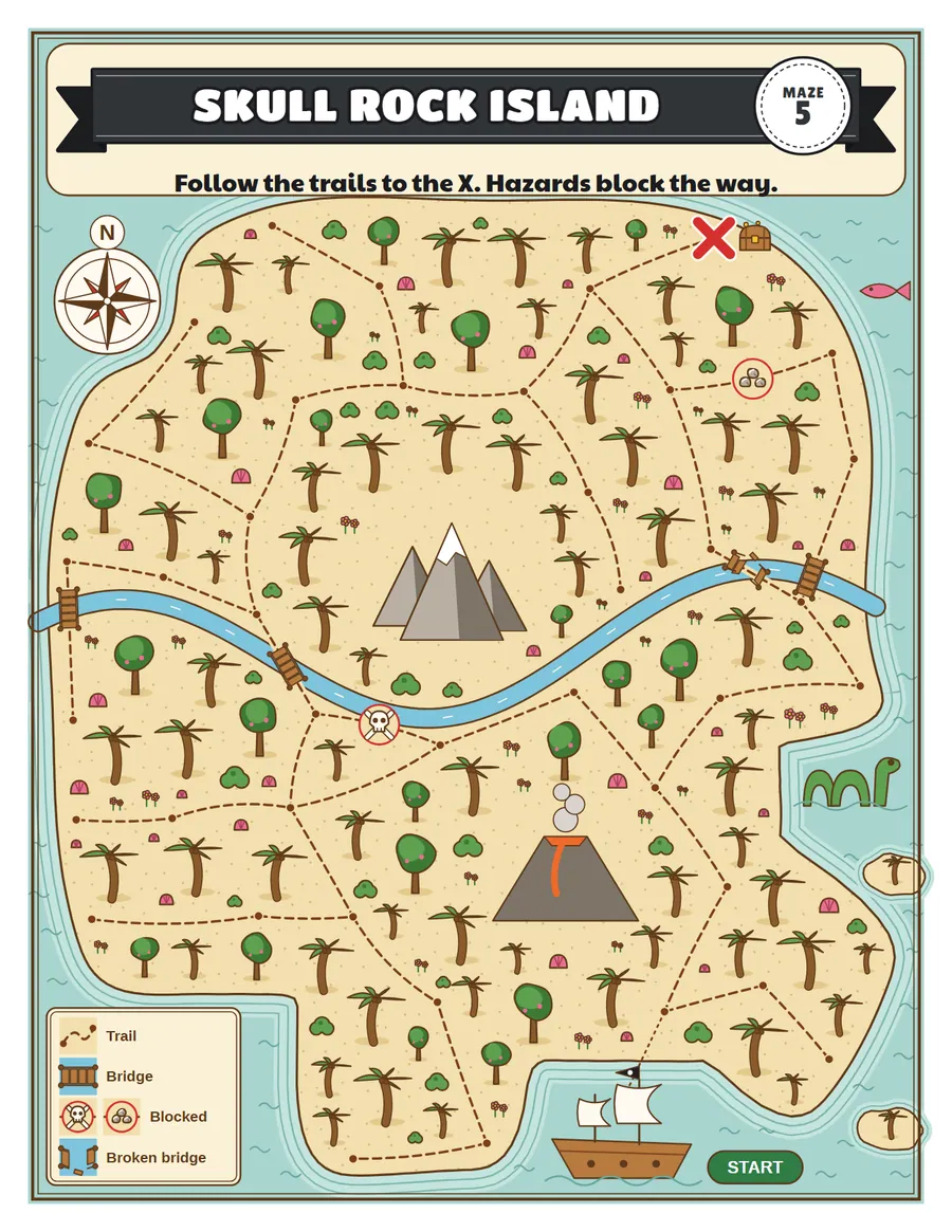Skull Rock Island treasure map printable: a medium treasure map maze for ages 6 to 8
