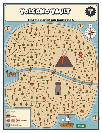 Volcano Vault treasure map printable: a hard treasure map maze for ages 8 to 12
