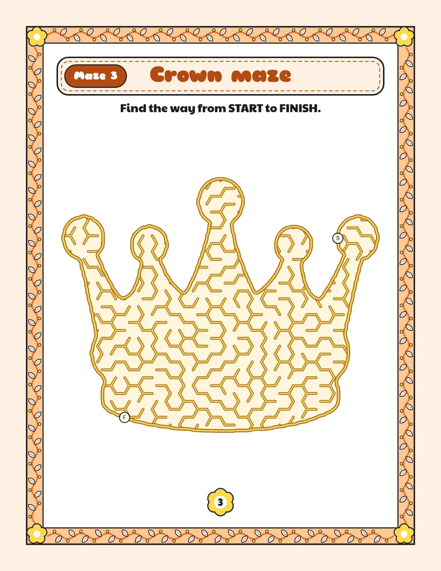 Crown maze printable: a gentle unicorn maze inside a crown shape