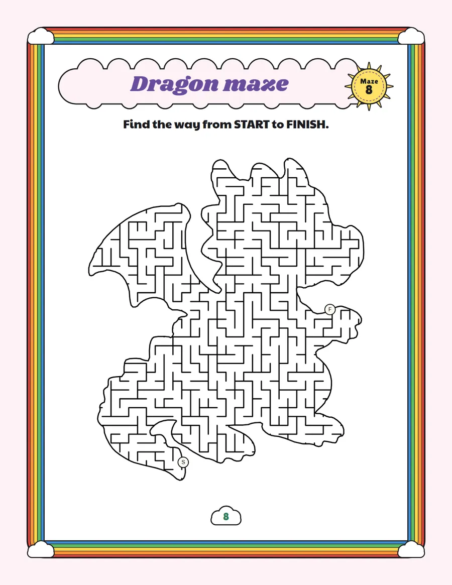 Dragon maze printable: a hard unicorn maze inside a dragon shape