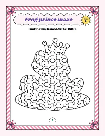 Frog prince maze printable: a medium unicorn maze inside a frog prince shape