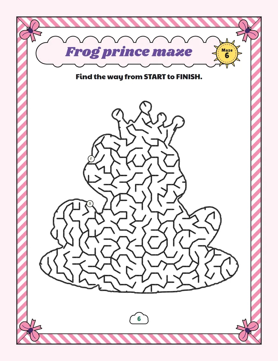 Frog prince maze printable: a medium unicorn maze inside a frog prince shape