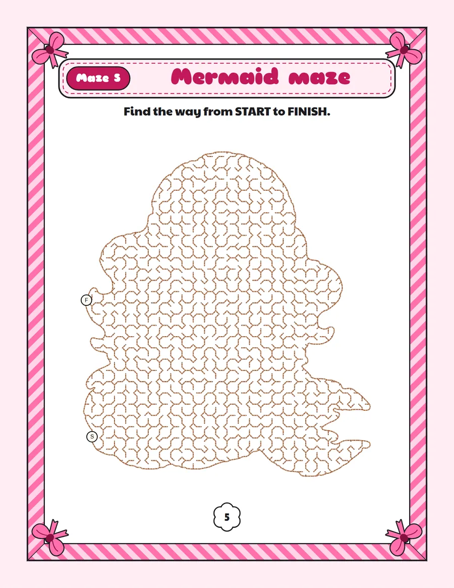Mermaid maze printable: a medium unicorn maze inside a mermaid shape