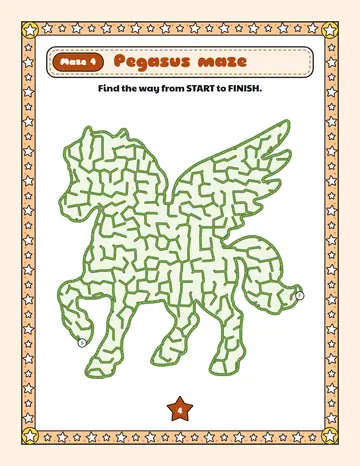 Pegasus maze printable: a gentle unicorn maze inside a pegasus shape