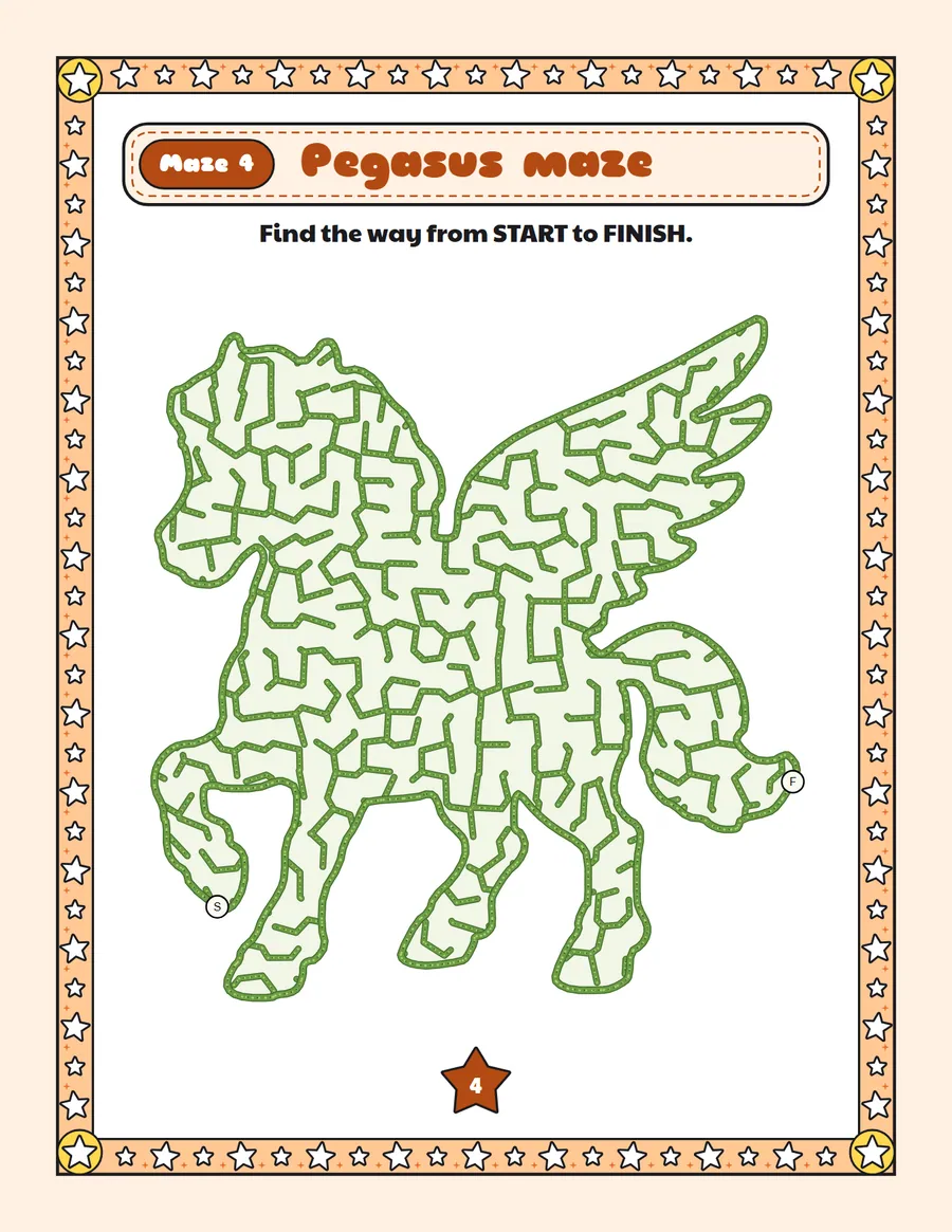Pegasus maze printable: a gentle unicorn maze inside a pegasus shape