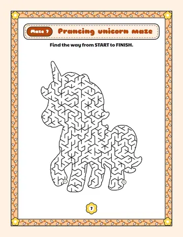 Prancing unicorn maze printable: a hard unicorn maze inside a prancing unicorn shape